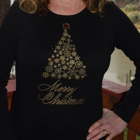 Christmas Tree Gold rhinestone long sleeved shirt XS S M L XL XXL 1X 2X 3X 4X 5X - Picture 9 of 9